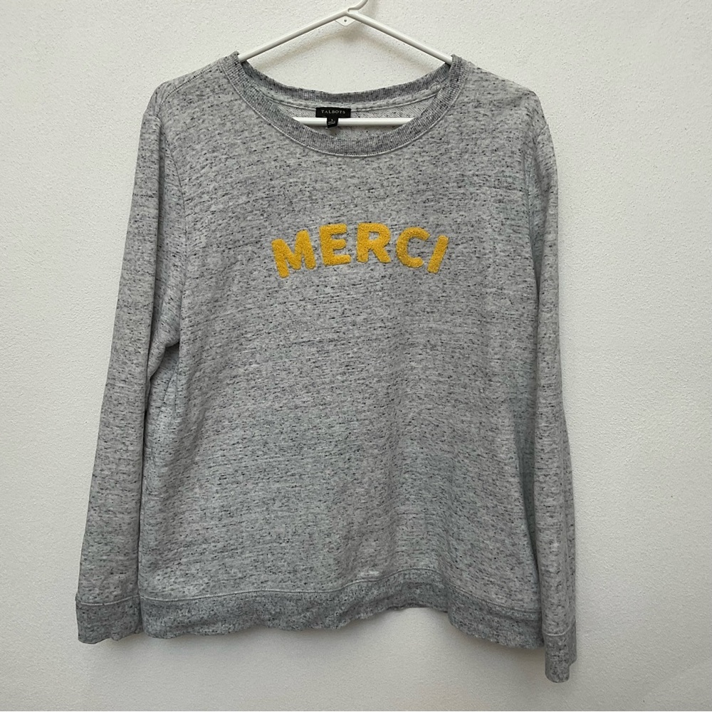 Talbots Light Grey, Yellow Merci Crewneck Sweater Size Large